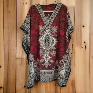 Bohemian poncho crimson beige gold exotic pattern swim cover up wrap OS